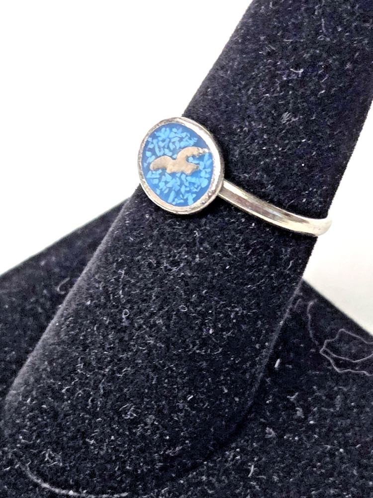 Silver and Turquoise Ring Oval Shape With Flying Bird Inside Sz. 7 NOS