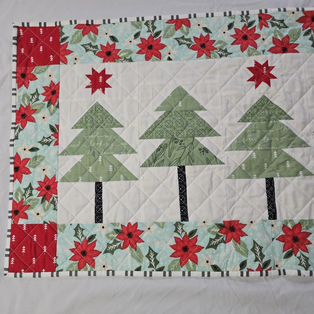 Handmade Christmas Tree Patchwork Table Runner Quilted Approximately 36” X 18”