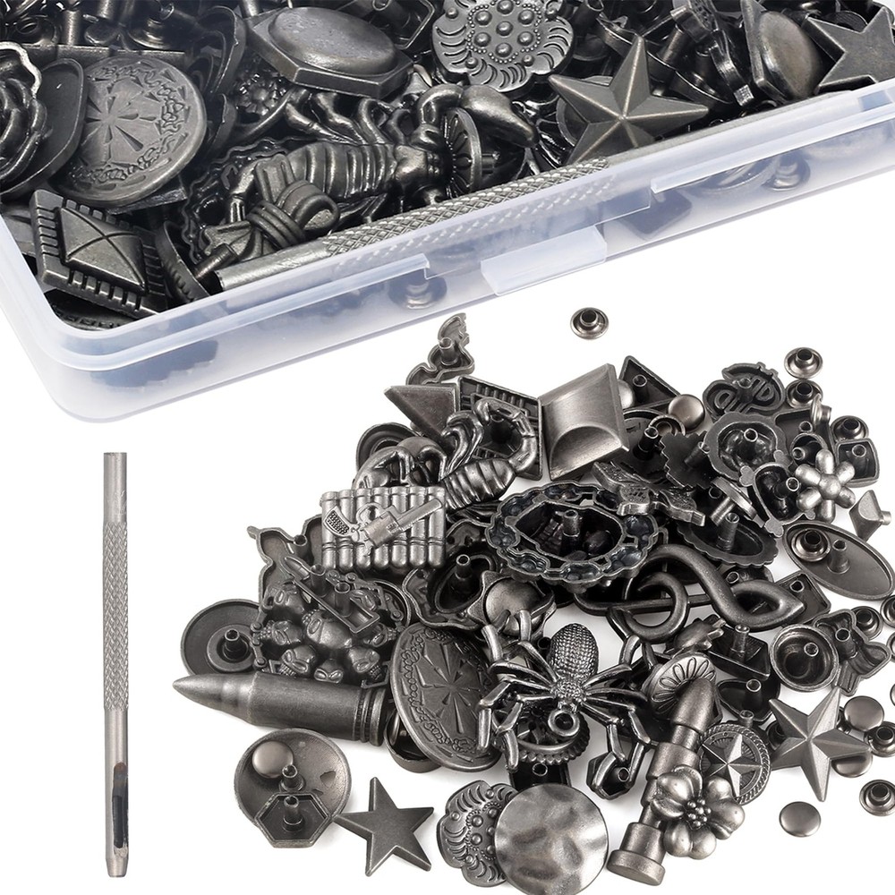 70Sets Assorted Conchos Mixed Antique Silver Color Studs Spikes and Studs Riv...