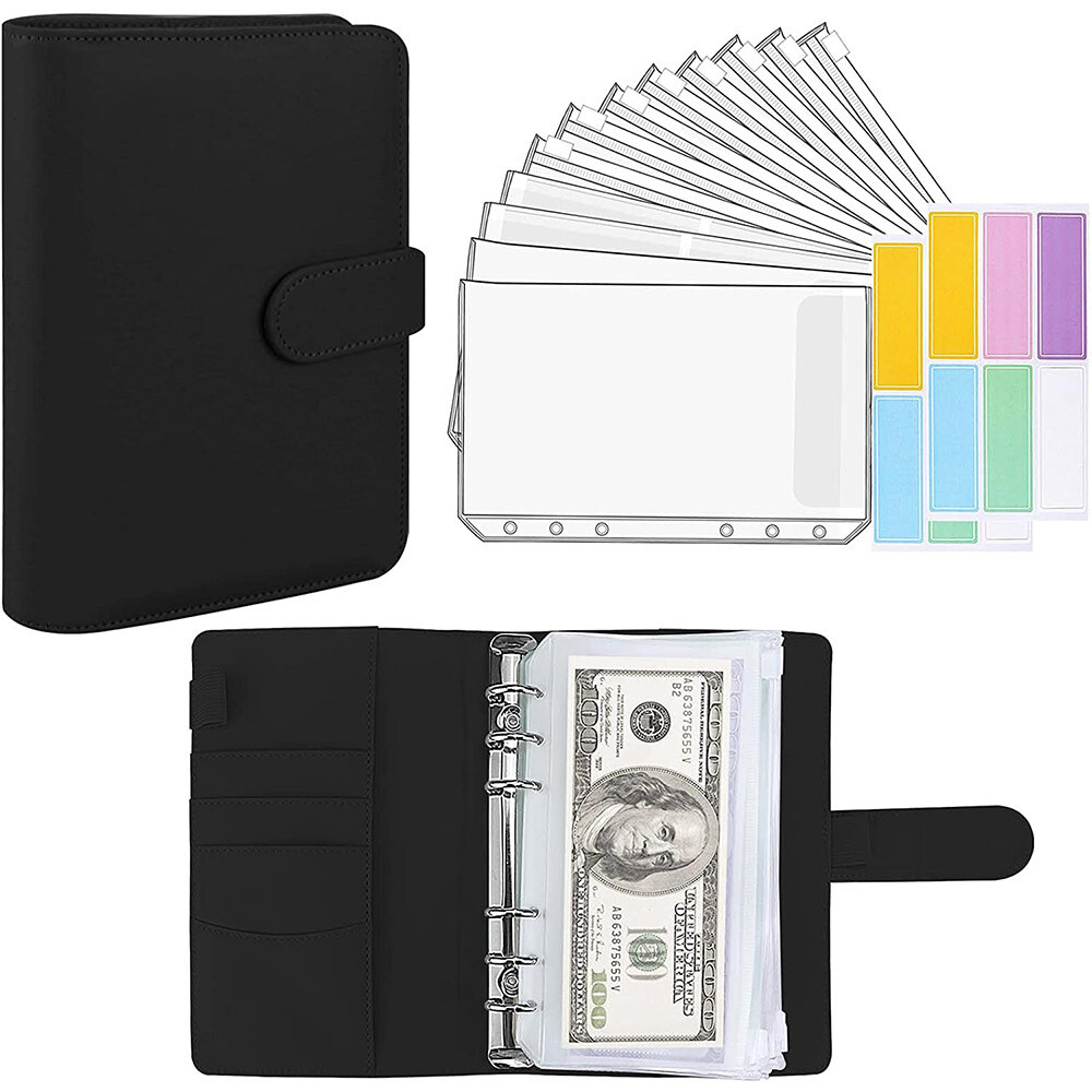 PU Leather Notebook A6 Ring Binder Budget Planner Organizer Cover Pockets Labels