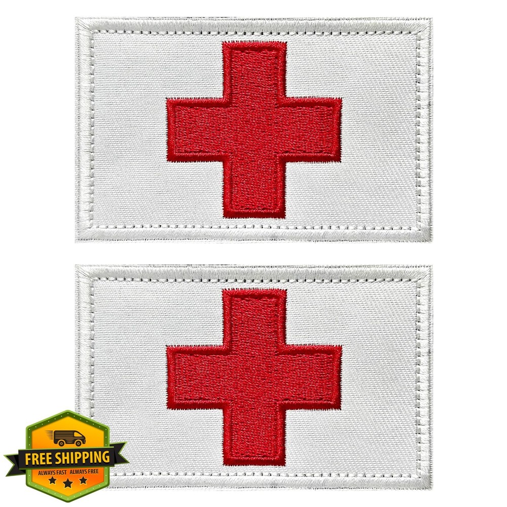 Medic Patches Red Cross First Aid Hook Loop White 3"x2" 2-Pack