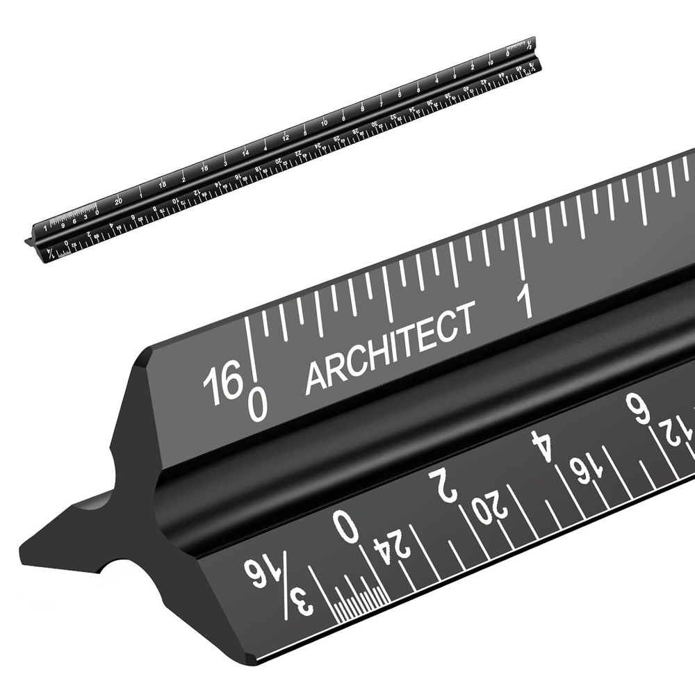12'' Laser-Etched Architectural Scale Ruler - Precision Black Aluminum Design