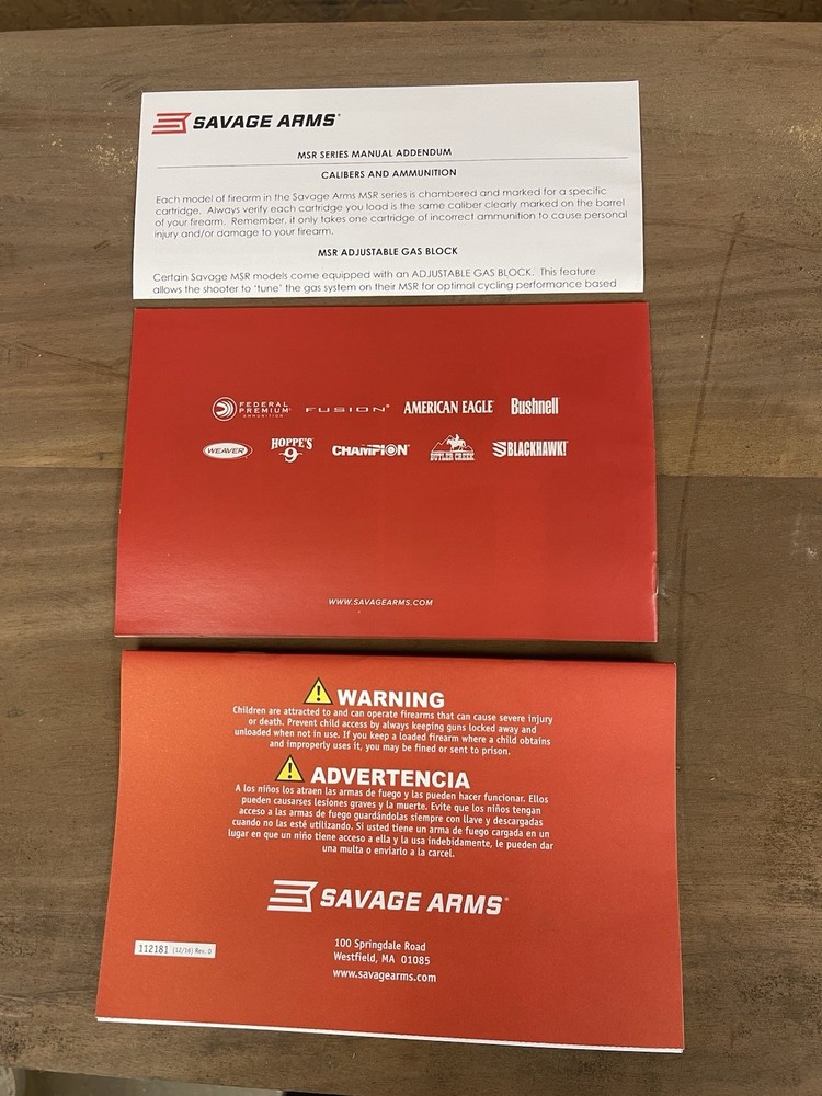NOS Savage MSR Series Rifles Instruction Manual 2016