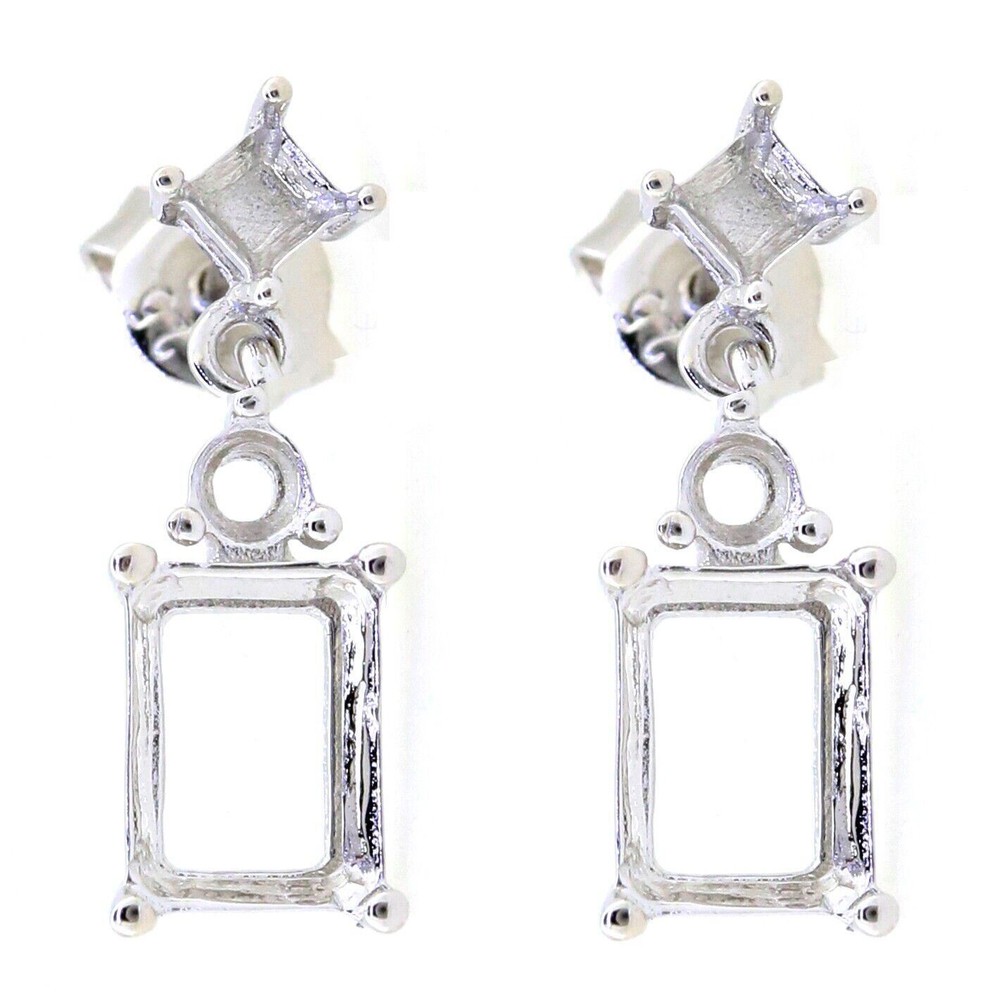 Sterling Silver Semi Mount Earrings Setting OCT 10x8 RD 3x3mm Dangle