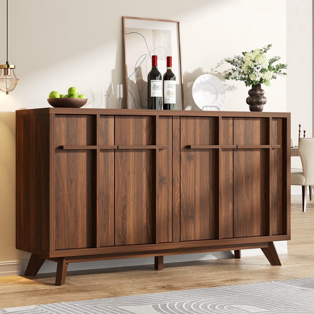 Modern Walnut Sideboard Buffet Cabinet with Adjustable Shelves & Storage