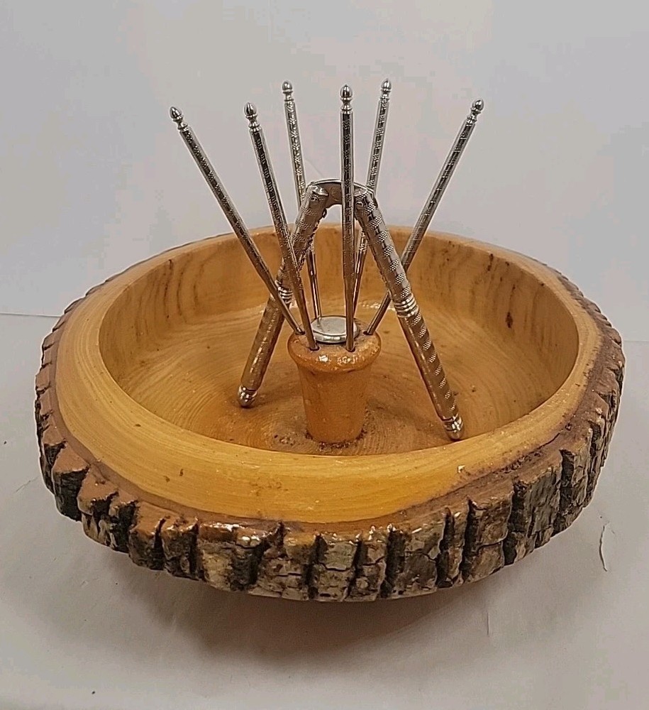 Vintage Solid Wood Tree Bark Nut Bowl with Nutcracker & 6 picks