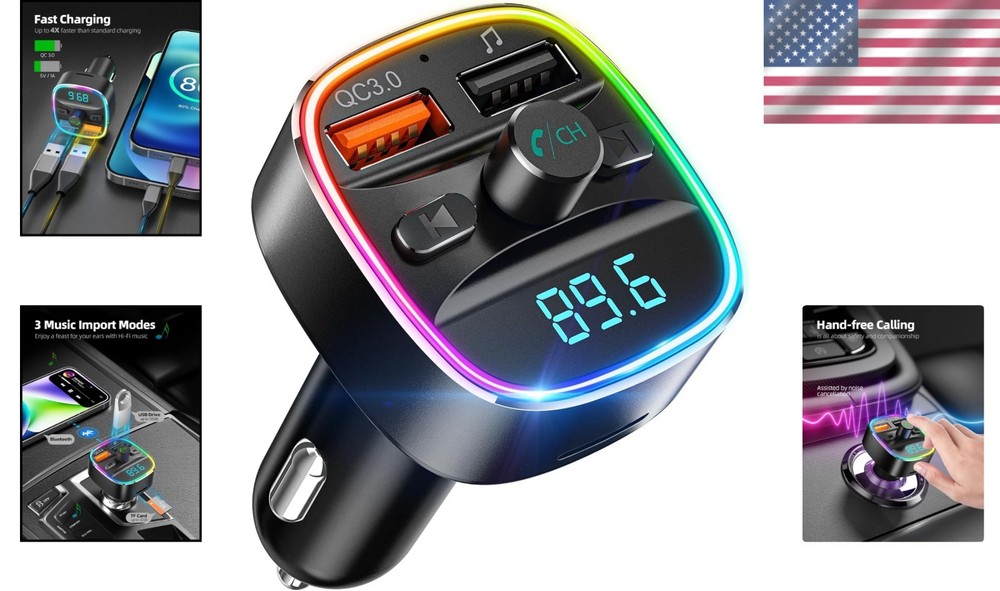 Wireless Car Adapter - Hands-Free Bluetooth FM Transmitter with Quick Charge 3.0