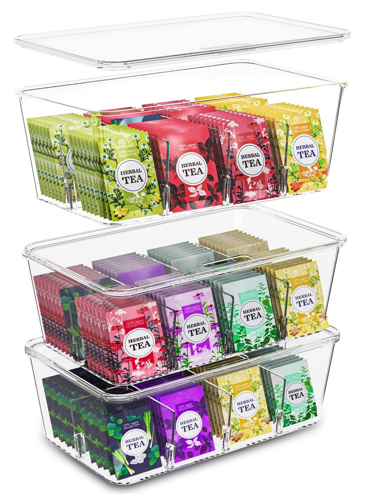 Tea Bag Organizer Set with Lids – 3 Pack Stackable Clear Plastic Storage Bins...