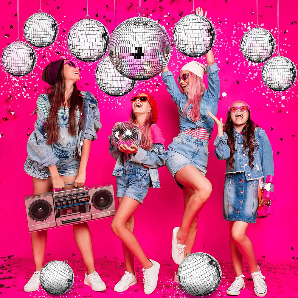 8 Pcs Large Disco Ball Set Silver Mirror Disco Reflective Ball with Hanging Ring