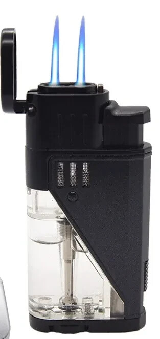 Double Jet Torch Lighter Cigar Windproof Flame Refillable w/Punch Clear Window S