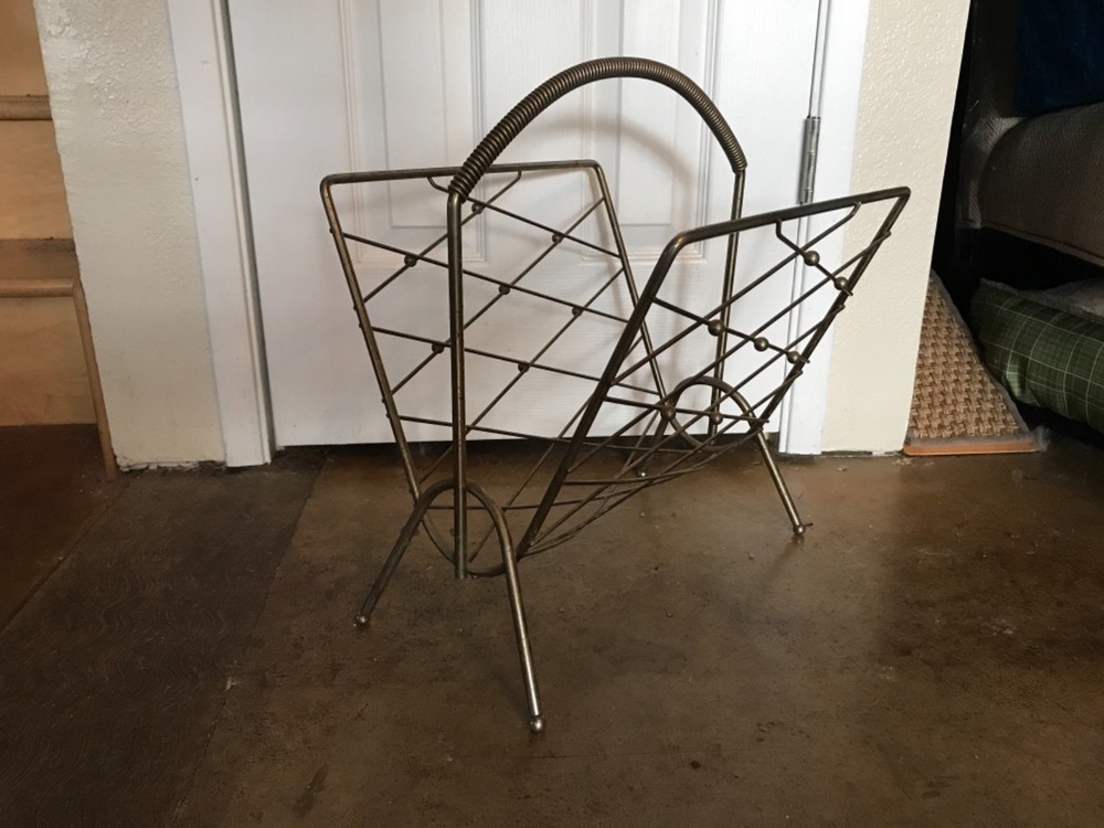 VINTAGE ATOMIC MID CENTURY MODERN MAGAZINE RACK EAMES BRASS DESIGN 1950’s