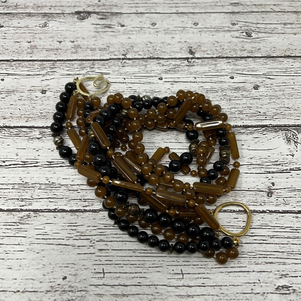 Vintage Beaded Necklace Multi Strand Brown Black Square Round