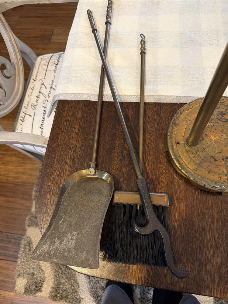 Vintage Solid Brass 4 Piece Fireplace Tool Set Stand, Sweeper, Poker & Shovel