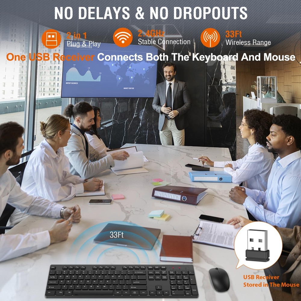 Wireless Keyboard and Mouse Combo, Silent Full Size Cordless USB Keyboard Mou...