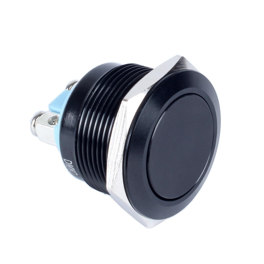 1pc 22mm Momentary Metal Waterproof Push Button Flat Head, Black