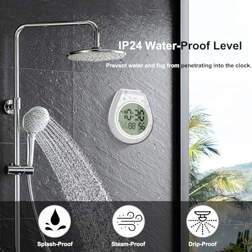 Shower Clock Waterproof, Bathroom Clock with Temperature & Shower Timer, White