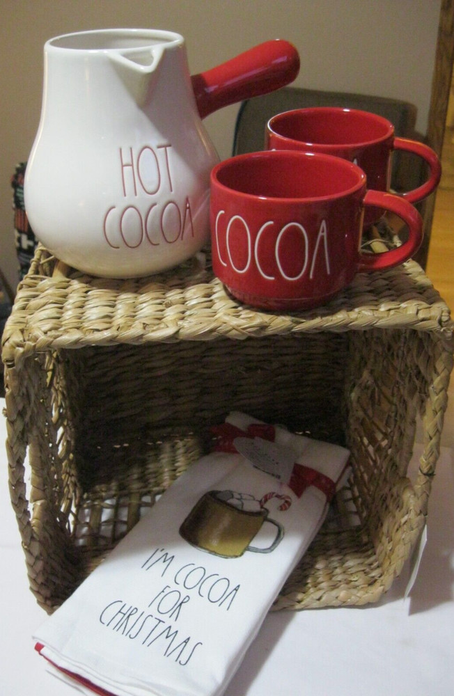 RAE DUNN White COCOA POT Pitcher 2 RED STACKABLE COCOA MUGS 3 COCOA TOWELS NEW