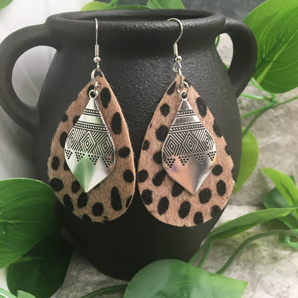 3” Silver-tone Charm & Leather Earring Set Drop Dangle New Free Ship A905