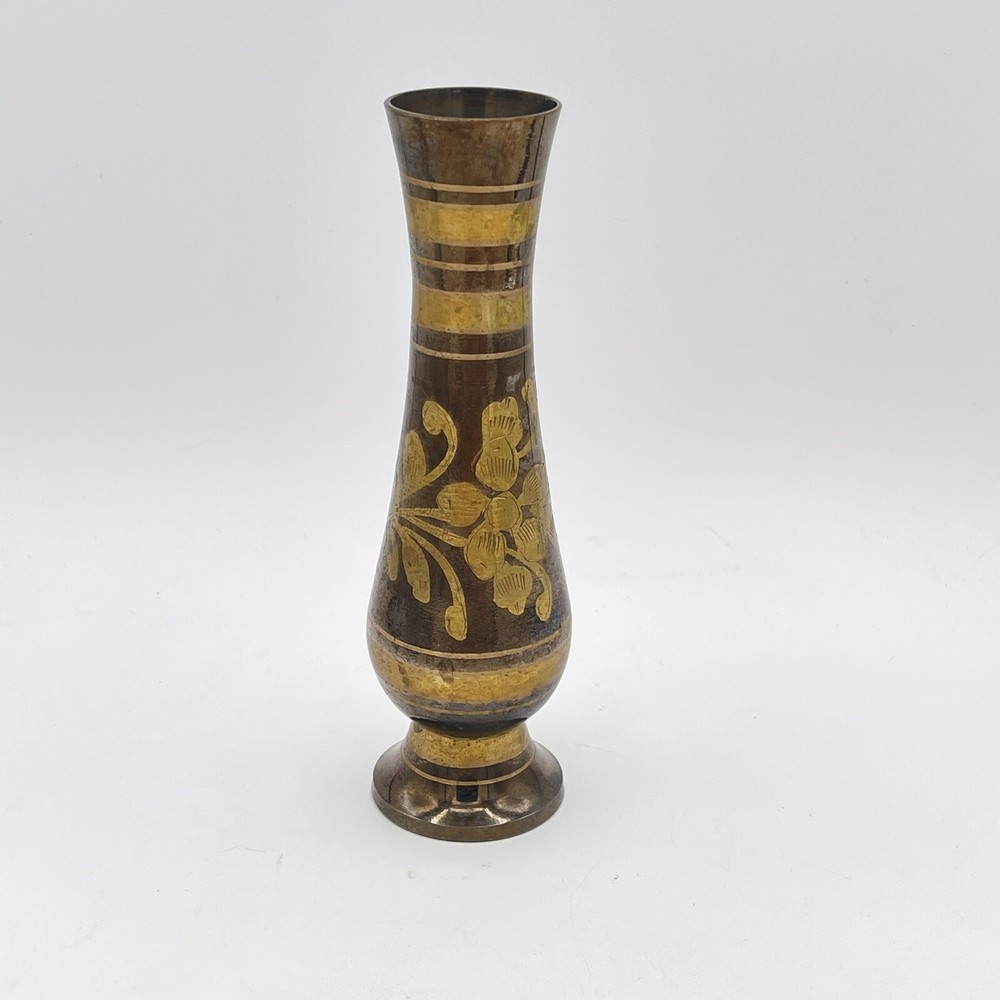 Dark Solid Brass Vase Decorated with Flowers Etched 7” Tall