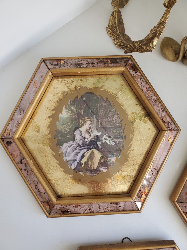 Vintage Victorian Art with Gold Foil and Hexagonal Frame