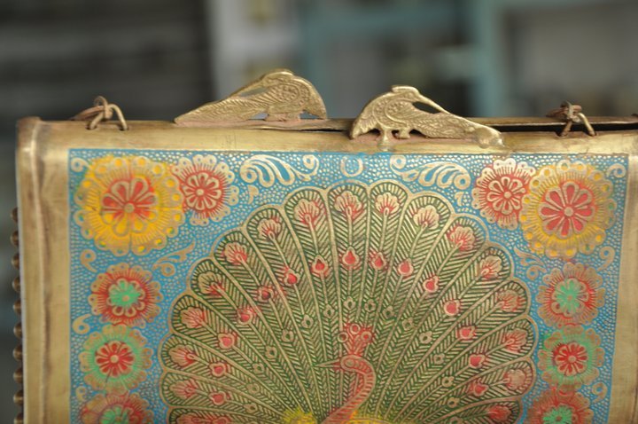 Old Brass Handcrafted Unique Peacock Engraved Lacquer Work Ladies Purse