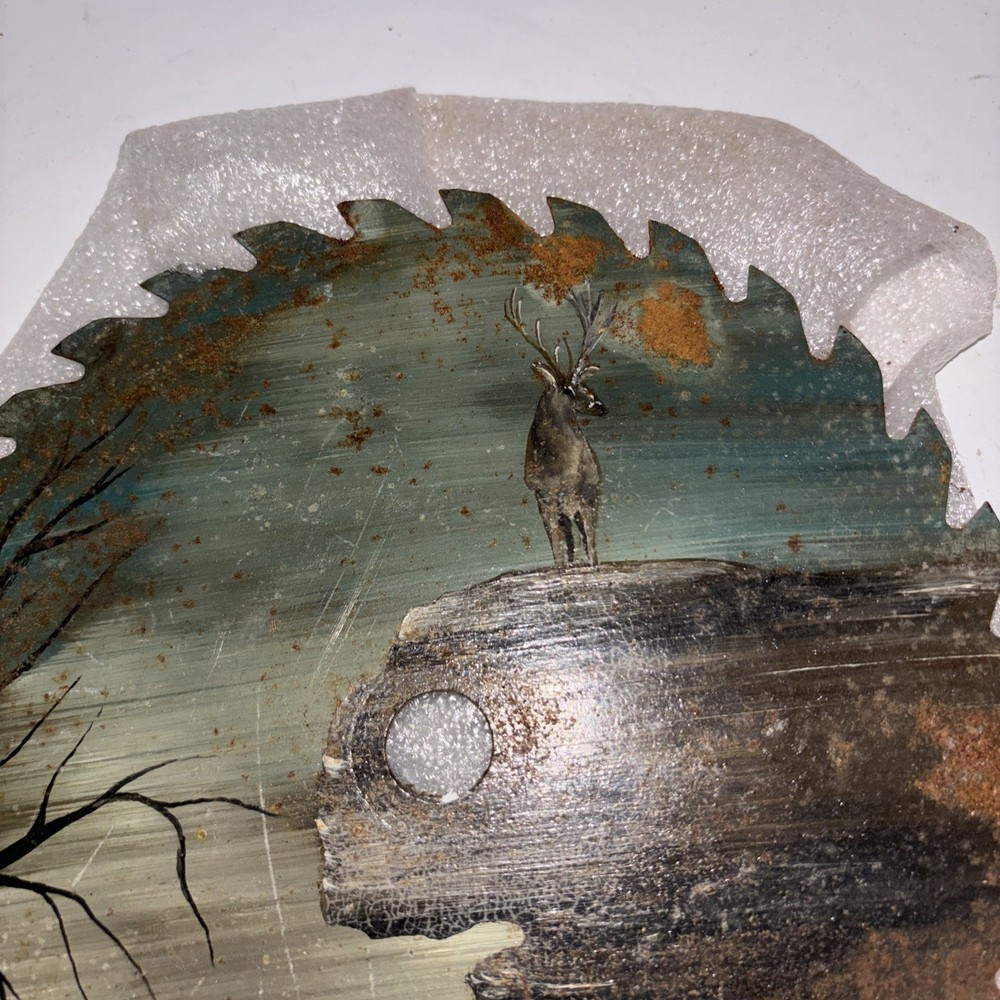 Hand Painted 7 Inch Saw Blade Deer Cliff Forest Rustic Folk