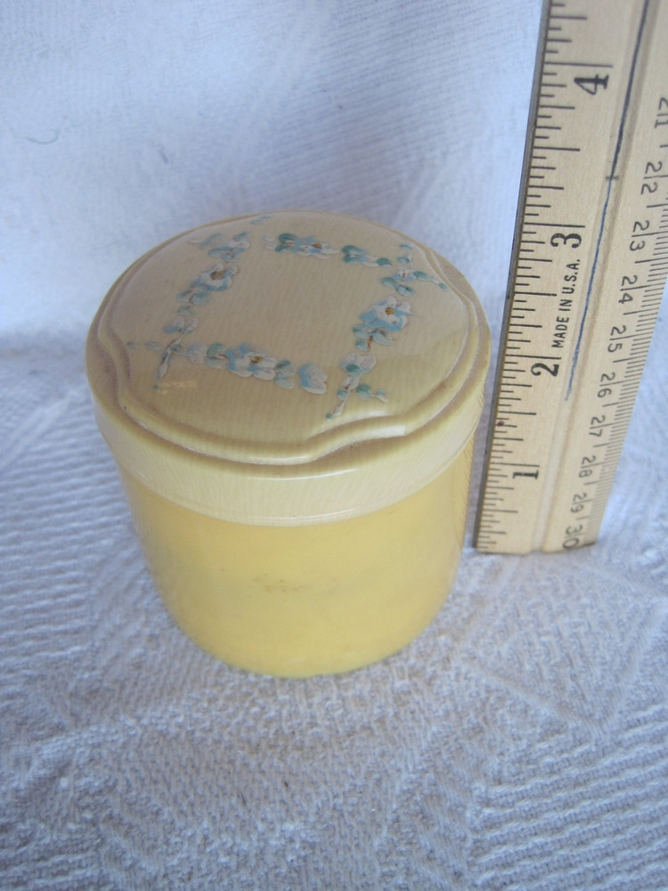 Celluloid Vintage Vanity Power Container Blue Flowers Includes Puff 2.5'' tall