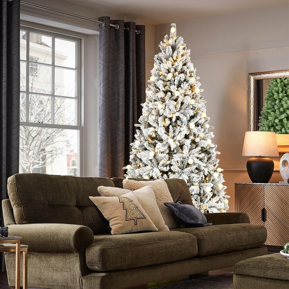 8 ft Prelit Snow Flocked Artificial Christmas Tree with White & Multicolor Light