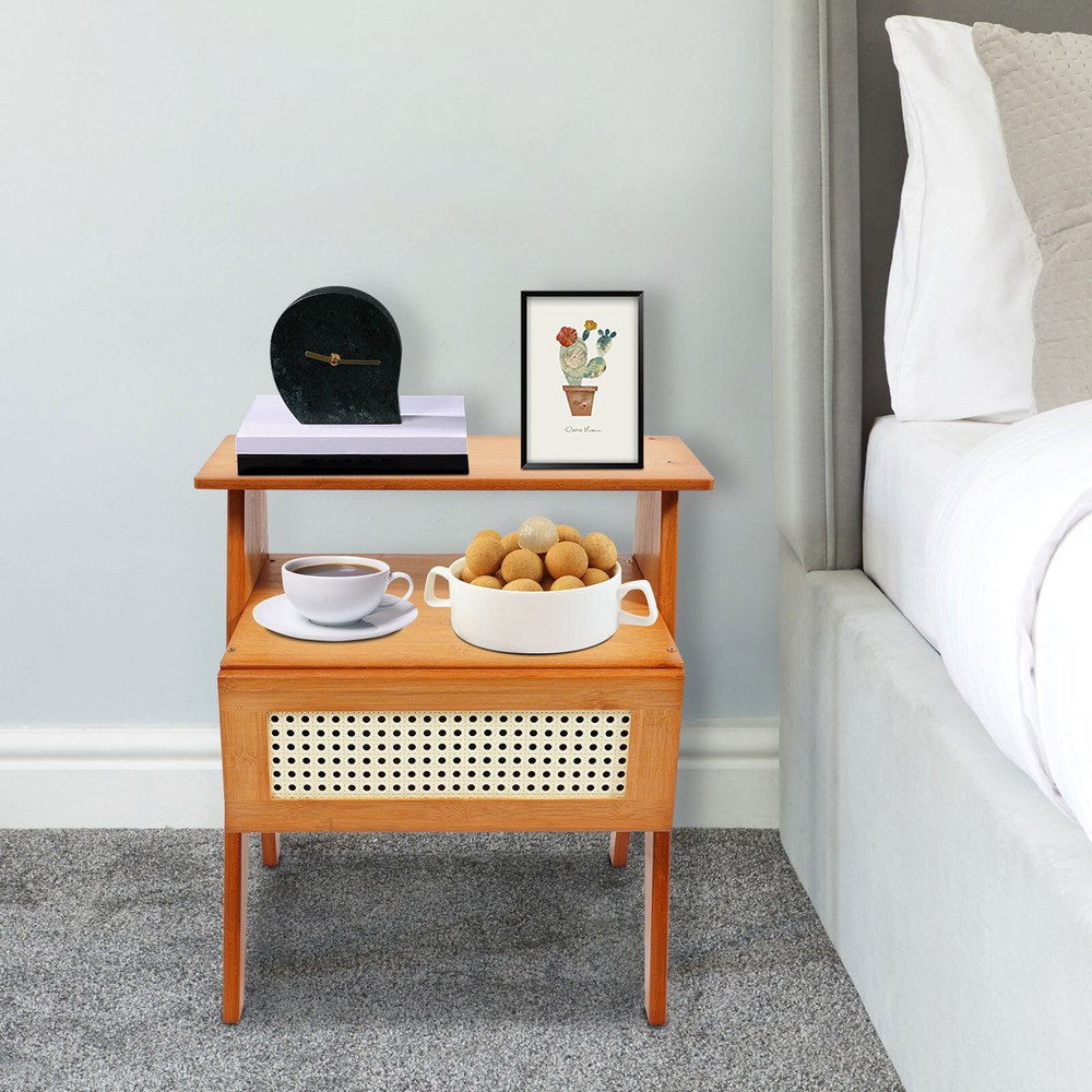 Bamboo Bedside Table, Trapezoidal Sofa Side Table, Bedside Table with Drawer