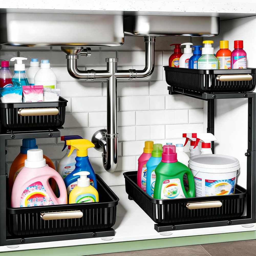 Under Sink Organizer - 2 Packs Multi-Purpose Pull-Out Storage Organizers, Slide