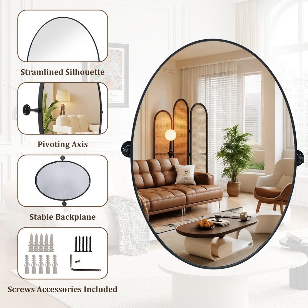 Matte Black Pivot Oval Mirror Wall Bathroom Mirror Tilting Horizontal / Vertical