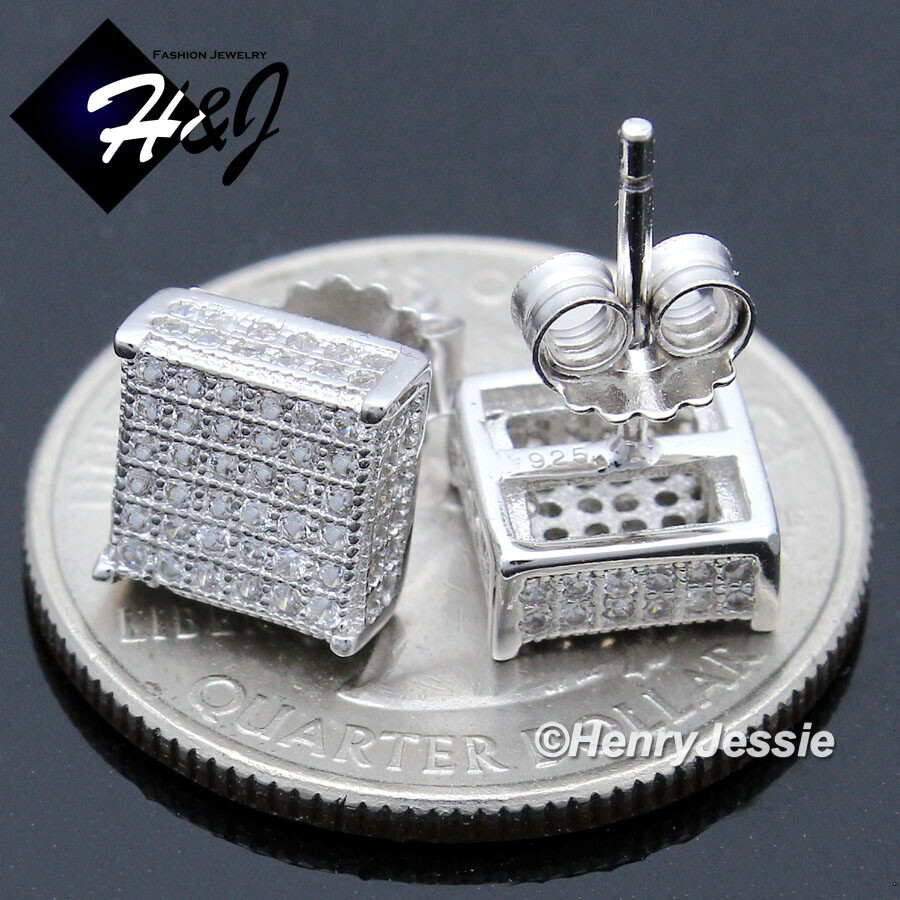 MEN 925 STERLING SILVER ICY BLING CZ 8MM SQUARE 3D PUSH BACK STUD EARRING*E149