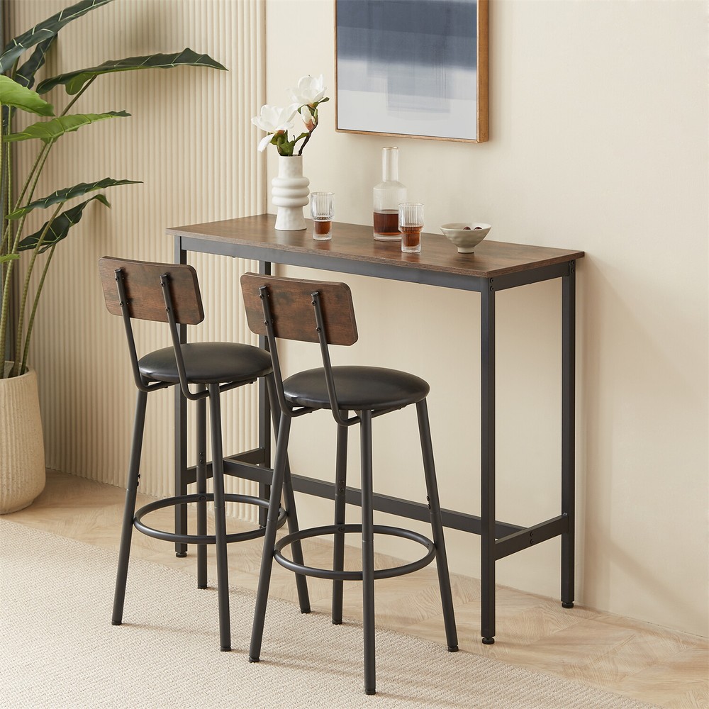 3 Piece Bar Table Set Counter Height Kitchen Pub Tables w/ 2 Bar Stools Brown