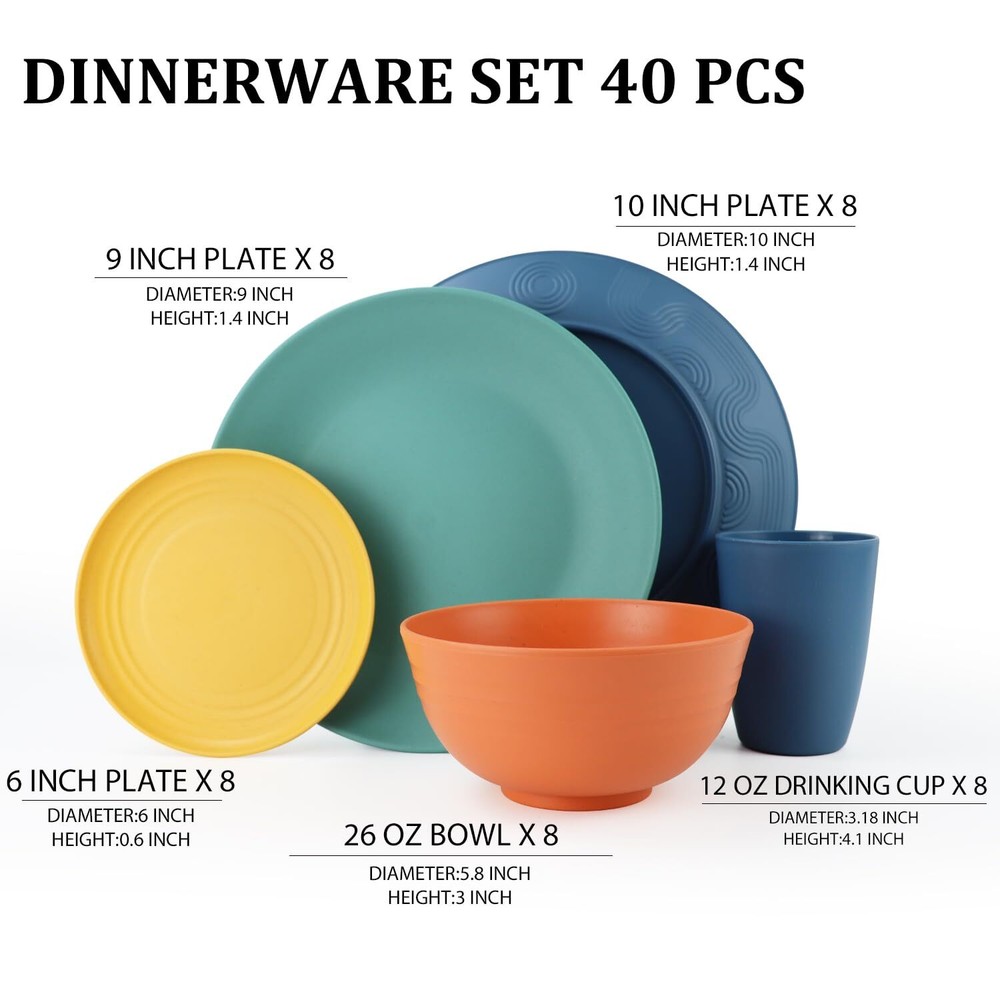 Perlapoc Wheat Straw Dinnerware Set 40 PCS - Service for 8 | Plates Bowls Set...