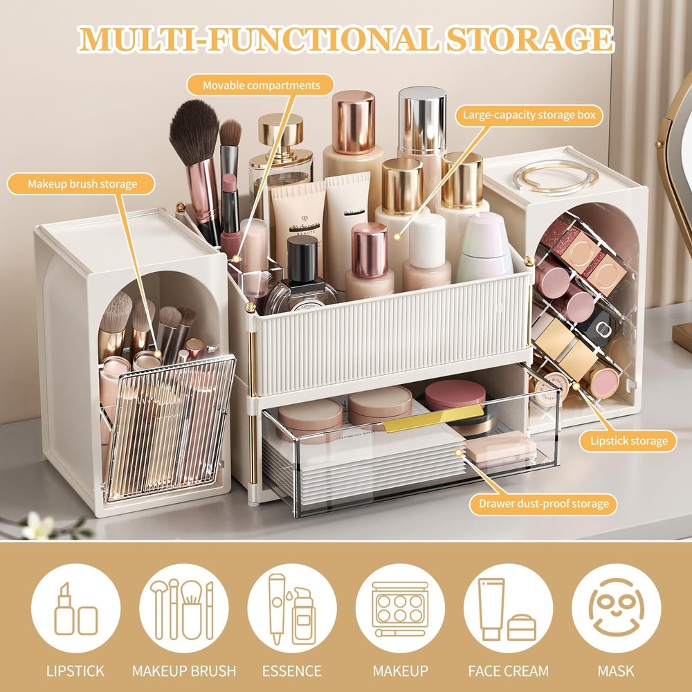 Makeup Organizer for Vanity with Brush Holder, Large Bathroom Countertop Cosm...