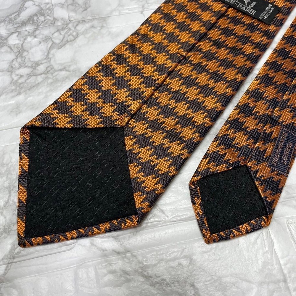 Hermes Houndstooth Silk Tie Orange Brown Unused Classic Pattern