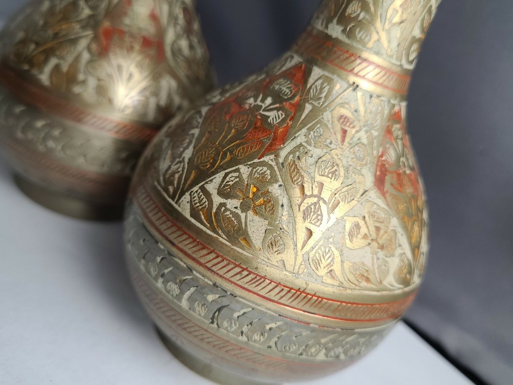 Vintage Pair Small Carved Brass Vases