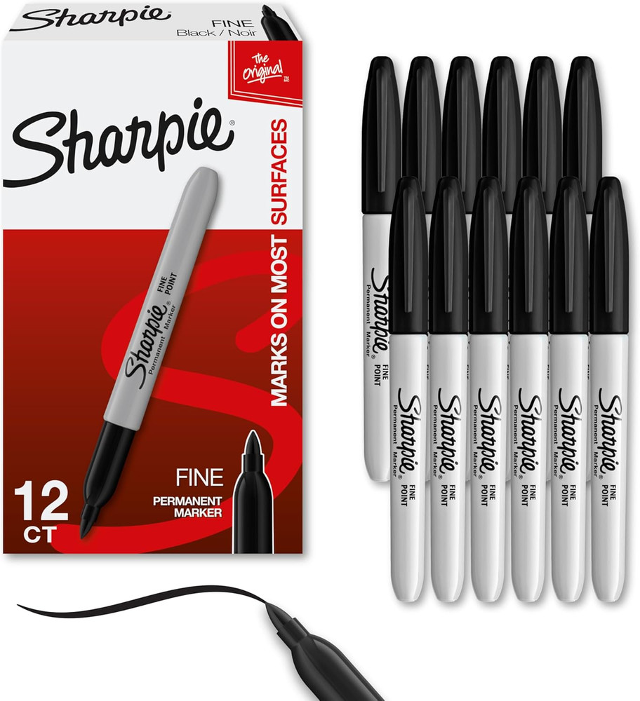 Sharpie Permanent Markers, Fine Point, Black, 12 Count