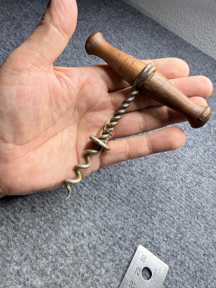 Antique Wood T-Handle Corkscrew Open Twist Ring Collar