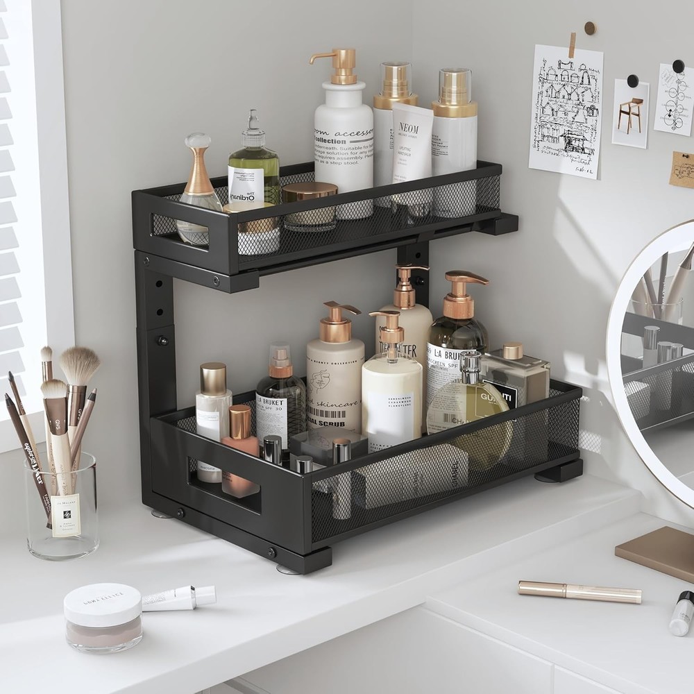 2-Pack Under Sink Storage Organizer Large 2-Tier Elegant Mesh Pull Out Shelf