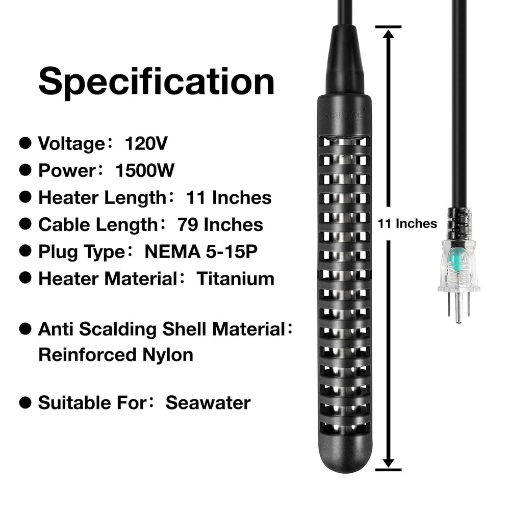 GRILLME 1500W Immersion Water Heater Portable Titanium T1 Submersible Waterproof