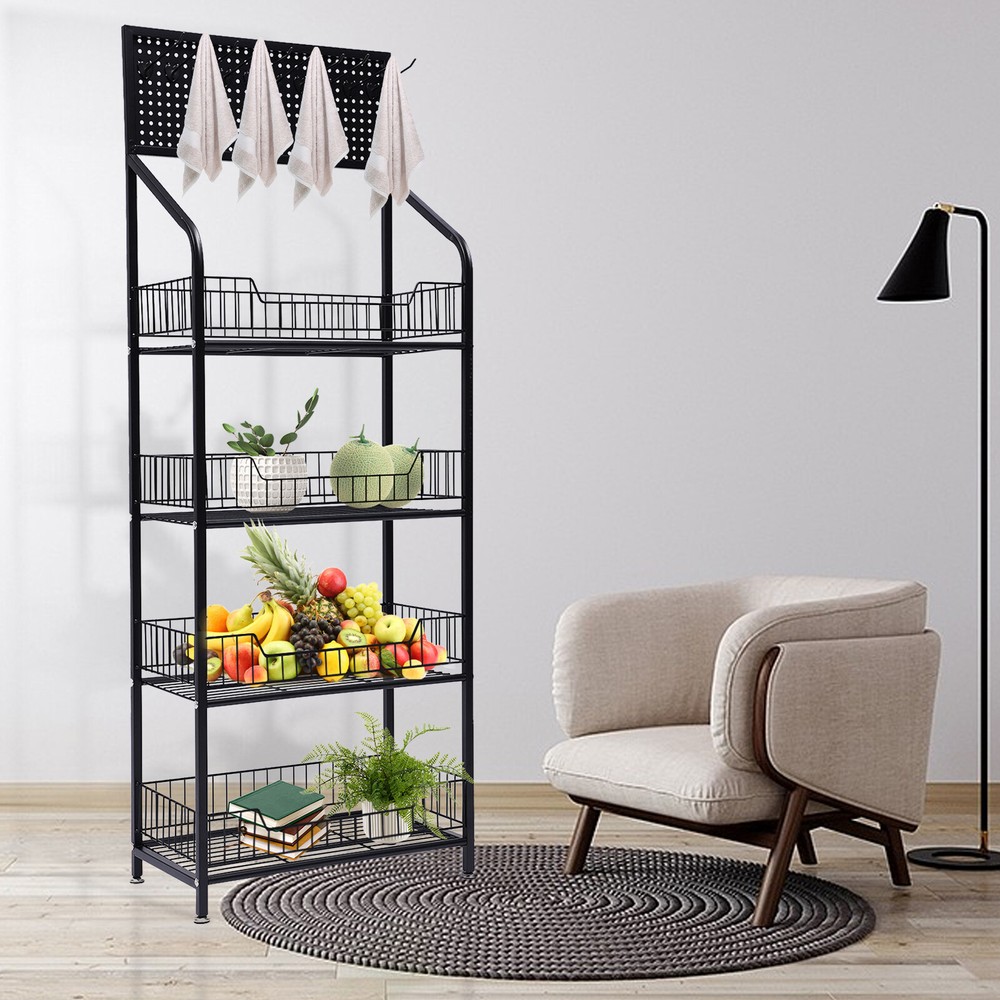 Kitchen Baker's Rack 4 Tier Rolling Metal Storage Shelf Black 55" Height+Wheels