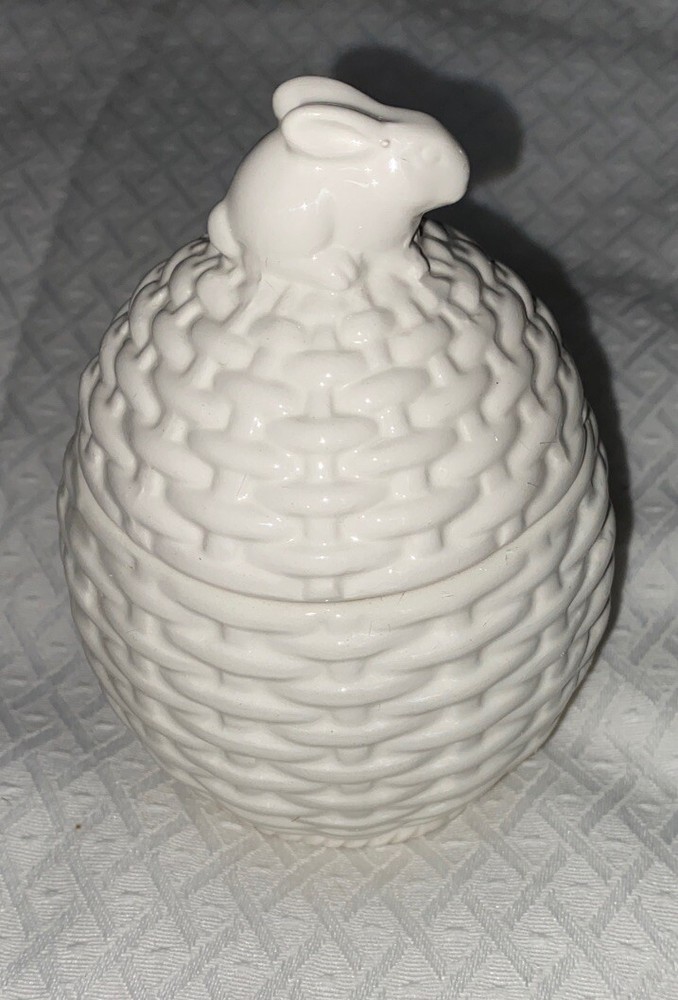 YANKEE CANDLE VINTAGE WHITE EASTER EGG BASKET & BUNNY TEA LIGHT HOLDER NIB