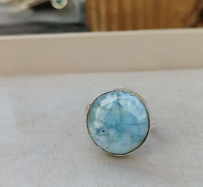 Solid 925 Sterling Silver Natural Round Larimar Gemstone Handmade Women's Ring