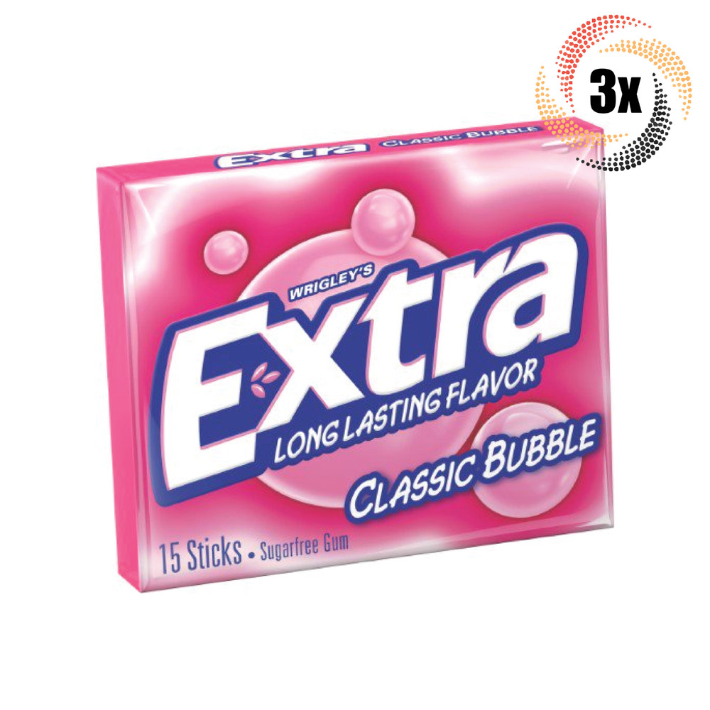 3x Packs Wrigley's Extra Classic Bubble Gum | 15 Sticks Per Pack | Sugar Free!