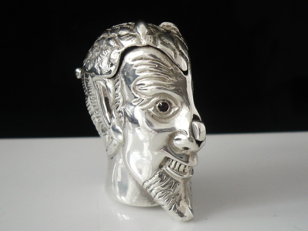 Novelty Sterling Silver Horny Devil Vesta Case, Push Button Nose Release to Open