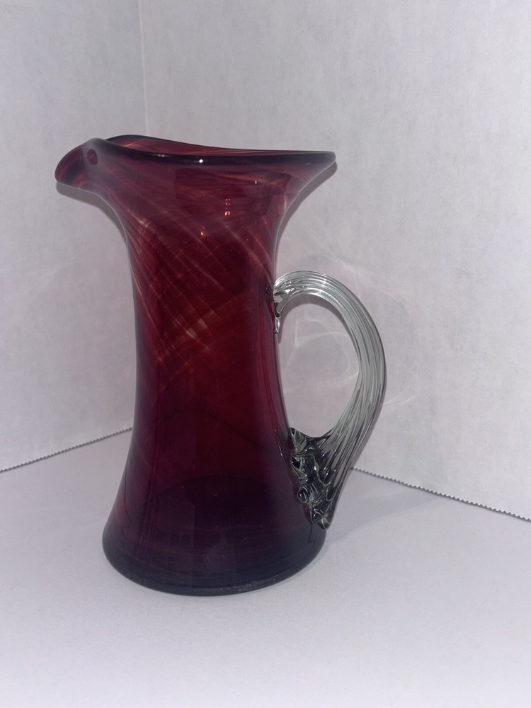 Hand blown Glass Ruby Red Pitcher Applied Ribbed Clear Glass Handle