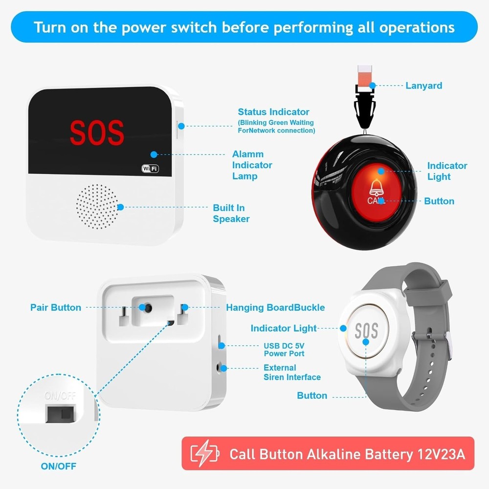 Emergency Call Button System - 2 SOS Panic Buttons Compatible with Smartphones