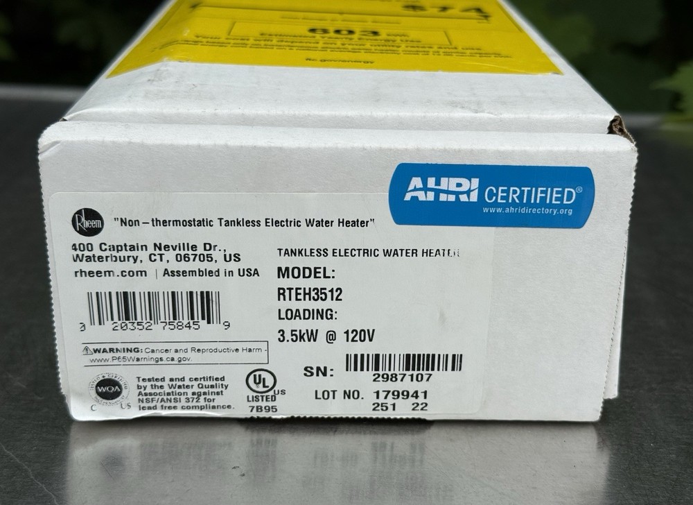 Rheem RTEH3512 3.5kW @ 120V Tankless Electric Water Heater - Unused - Open Box