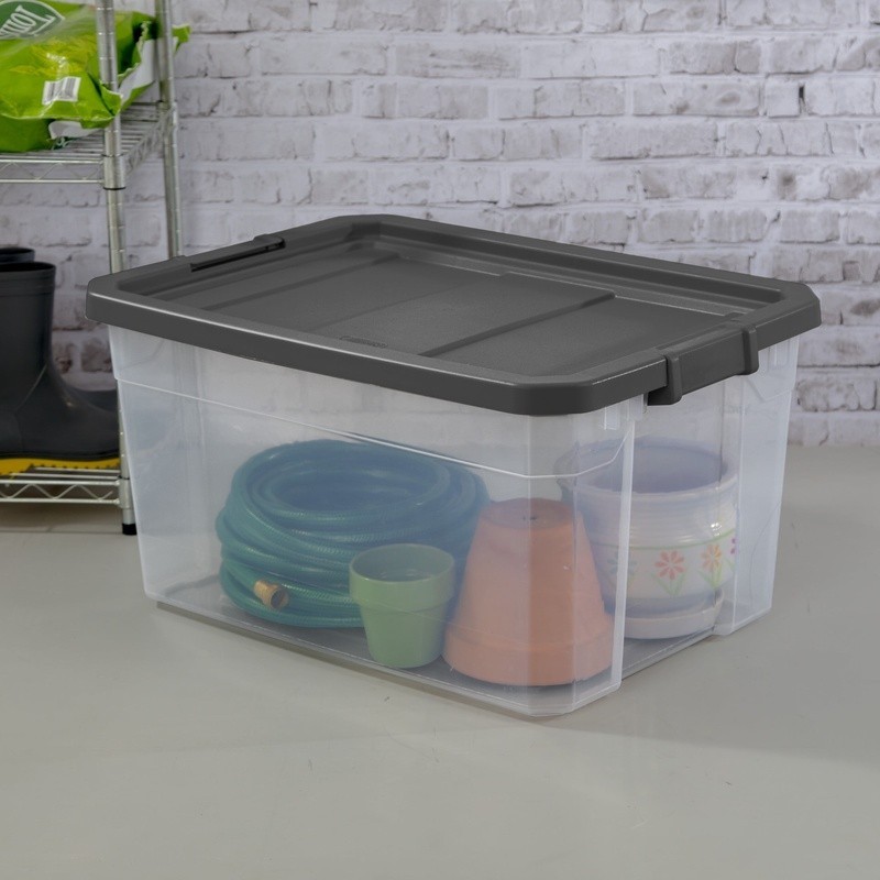 Durable 76 Quart Stackable Plastic Storage Bin W/ Latch Lid Garages Attics New